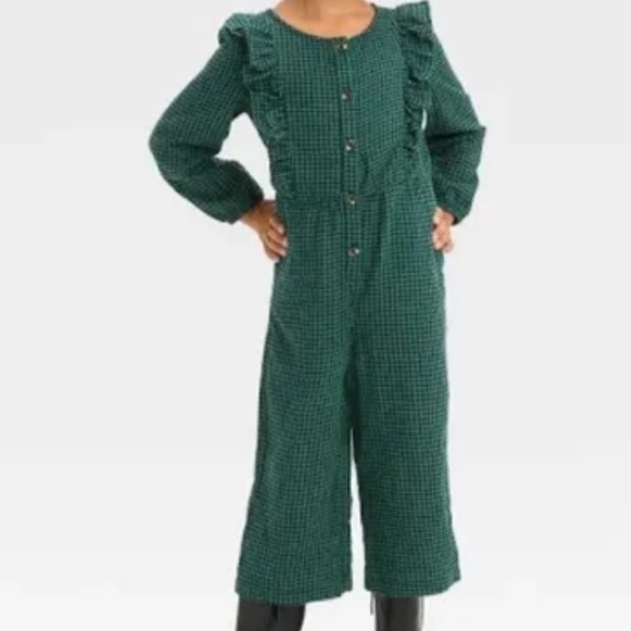 Romper Ruffle Jumpsuit Forest Green Plaid Houndstooth Pattern - Picture 1 of 2